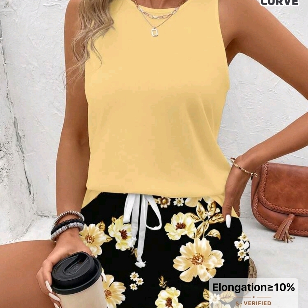 SHEIN LUNE 2pcs Casual Floral Print Color Block Plus Size Set